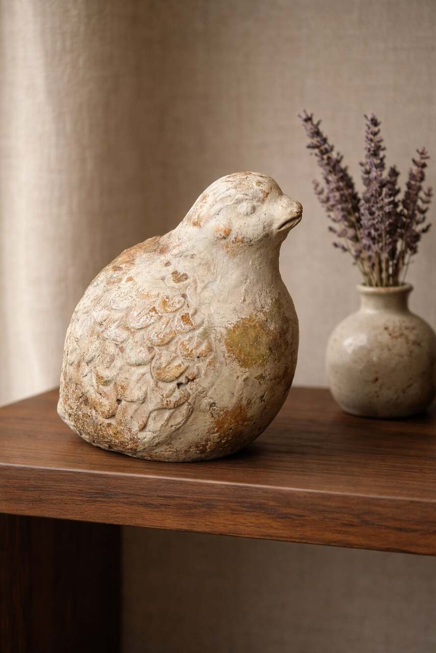 Vintage Style Distressed Cream and Gold Quail Bird Figurine